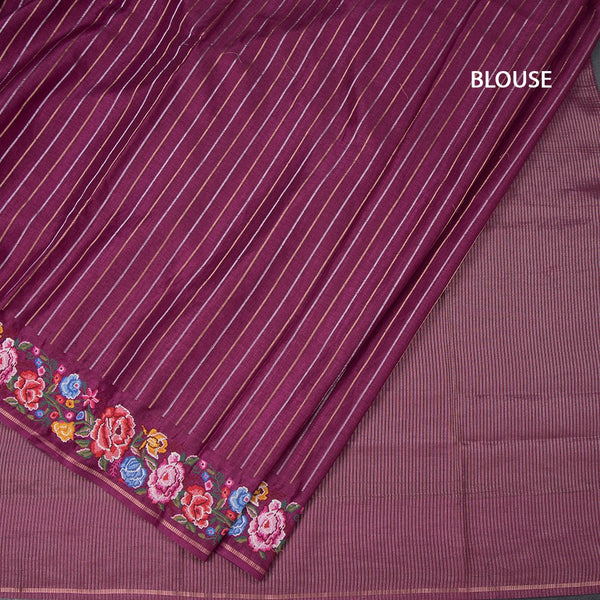 Raw Silk Magenta Purple Zari Stripes Saree And Thread Border 02