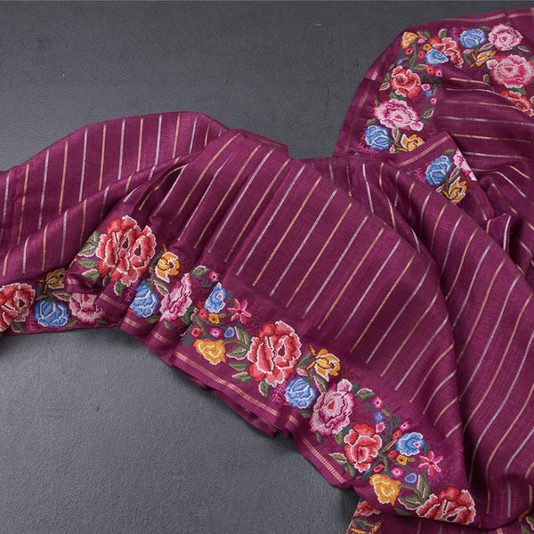 Raw Silk Magenta Purple Zari Stripes Saree And Thread Border 02