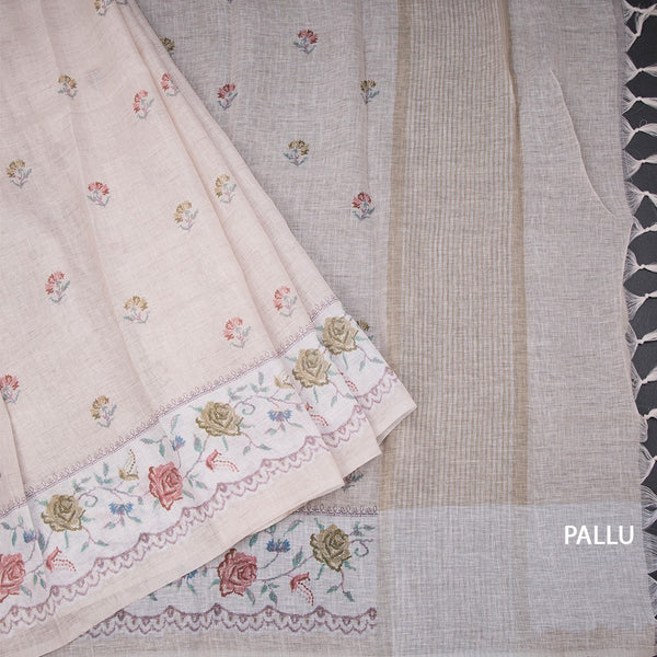 Linen Cream Floral Printed Saree