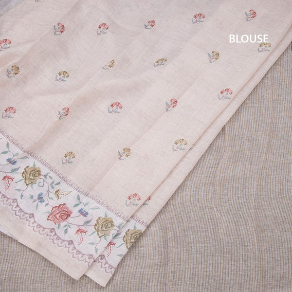 Linen Cream Floral Printed Saree