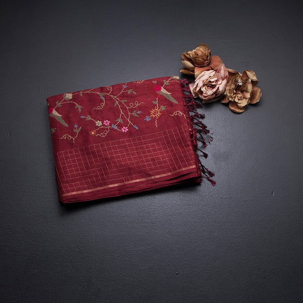 Raw Silk Maroon Floral Thread Work Saree