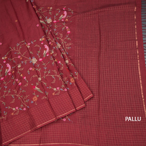 Raw Silk Maroon Floral Thread Work Saree