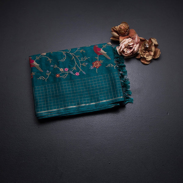 Raw Silk Peacock Green Floral Thread Work Saree