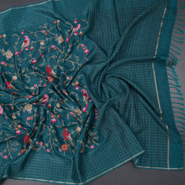 Raw Silk Peacock Green Floral Thread Work Saree