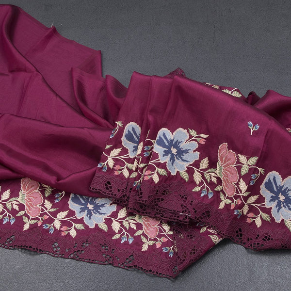 Raw Silk Wine Colour Saree With Thread Buttas And Cut Work Border