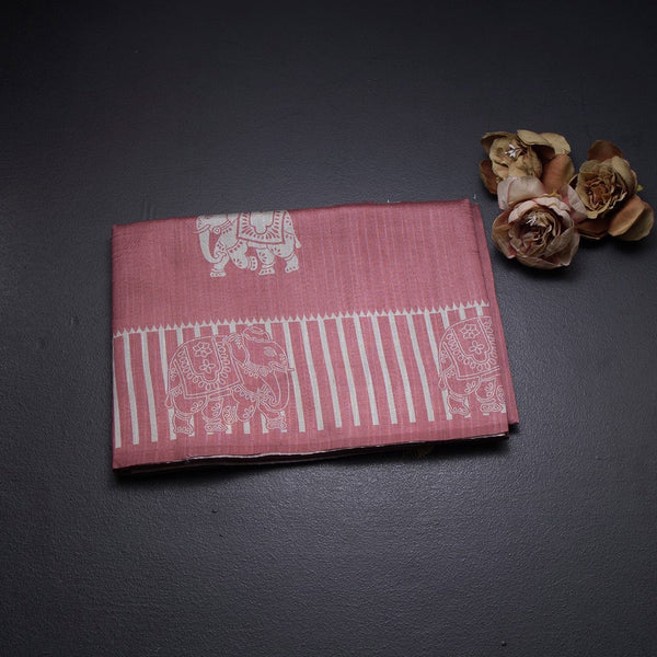 Semi Raw Silk Onion Pink Elephant Printed Saree And Stripes Border