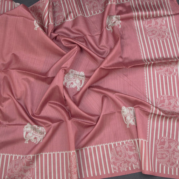 Semi Raw Silk Onion Pink Elephant Printed Saree And Stripes Border