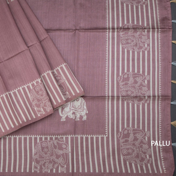 Semi Raw Silk Onion Pink Elephant Printed Saree And Stripes Border 02