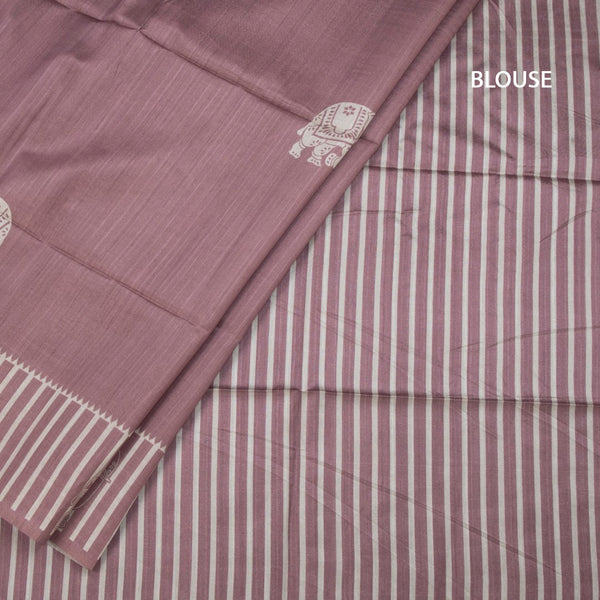 Semi Raw Silk Onion Pink Elephant Printed Saree And Stripes Border 02