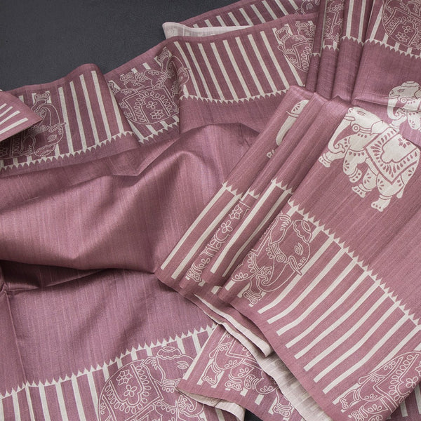 Semi Raw Silk Onion Pink Elephant Printed Saree And Stripes Border 02