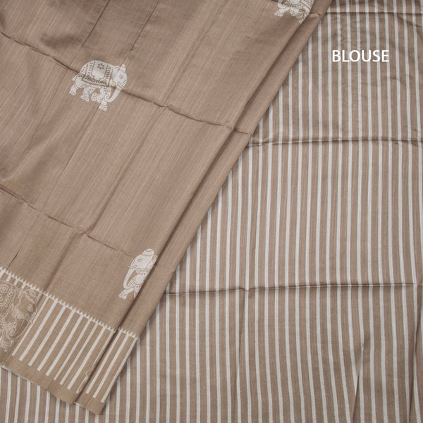Semi Raw Silk Golden Brown Elephant Printed Saree And Stripes Border