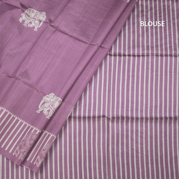 Semi Raw Silk Dark Onion Pink Elephant Printed Saree And Stripes Border