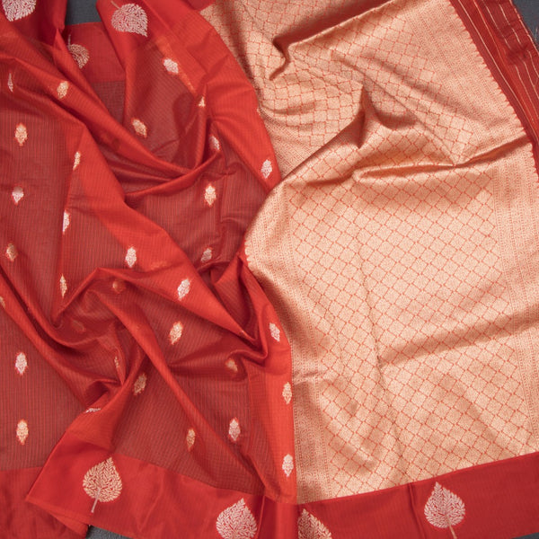 Kota Red Saree With Zari Buttas And Zari Border