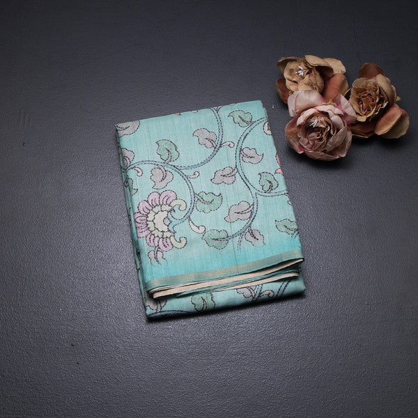 Semi Raw Silk Mint Green Printed Saree With Floral Creeper Design 02