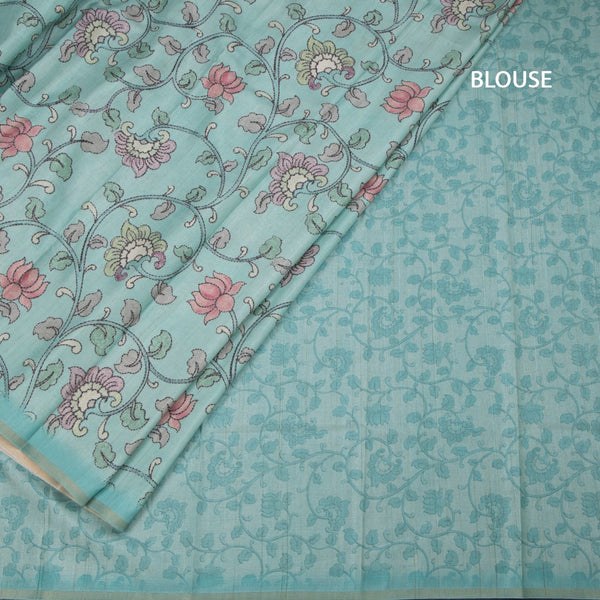 Semi Raw Silk Mint Green Printed Saree With Floral Creeper Design 02