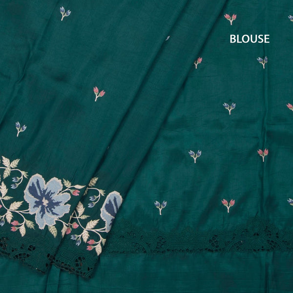 Raw Silk Peacock Green Saree With Thread Buttas And Cut Work Border