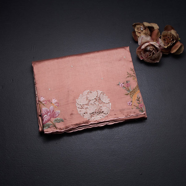 Raw Silk Peach Saree With Thread Buttas And Cut Work Border