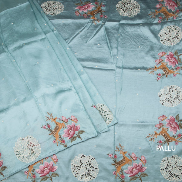 Raw Silk Sky Blue Saree With Thread Buttas And Cut Work Border