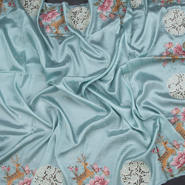 Raw Silk Sky Blue Saree With Thread Buttas And Cut Work Border