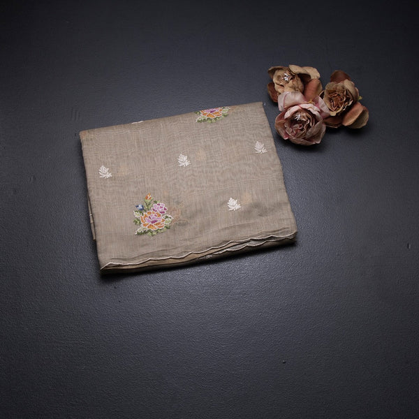 Linen Sage Green Borderless Thread Work Saree