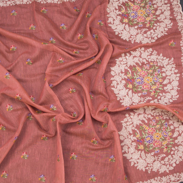 Linen Peach Saree With Floral Thread Buttas And Thread Border