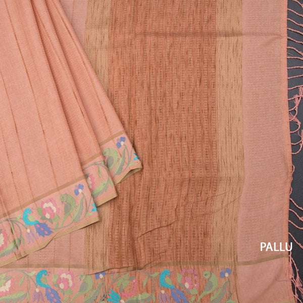 Raw Silk Peach Zari Stripes Saree And Thread Border