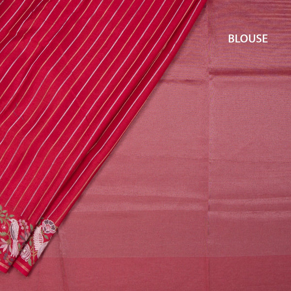 Raw Silk Red Zari Stripes Saree And Thread Border