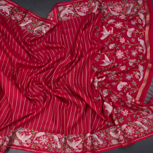 Raw Silk Red Zari Stripes Saree And Thread Border