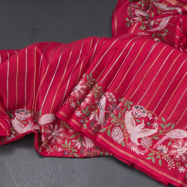 Raw Silk Red Zari Stripes Saree And Thread Border