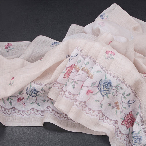 Linen Cream Floral Printed Saree 03