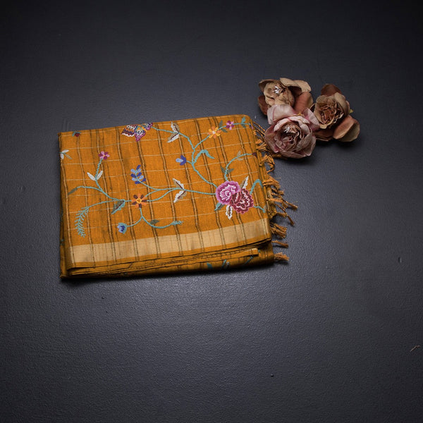 Raw Silk Mustard Yellow Zari Checked With Thread Work Saree