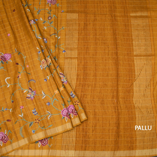 Raw Silk Mustard Yellow Zari Checked With Thread Work Saree