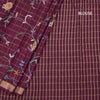 Raw Silk Wine Colour Zari Checked With Thread Work Saree
