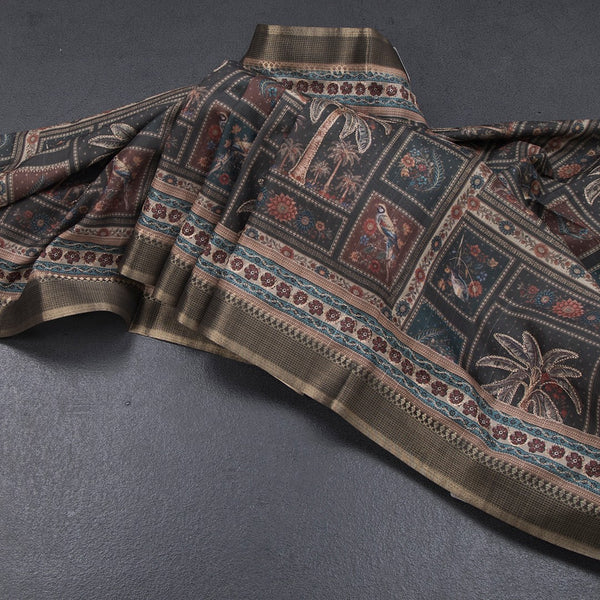 Raw Silk Dark Green Printed Saree