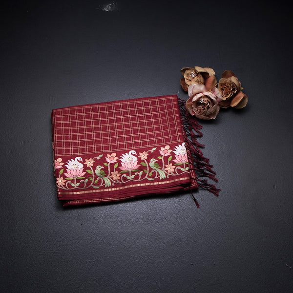 Raw Silk Maroon Zari Checked Saree And Thread Border 02