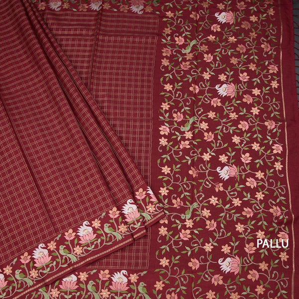 Raw Silk Maroon Zari Checked Saree And Thread Border 02