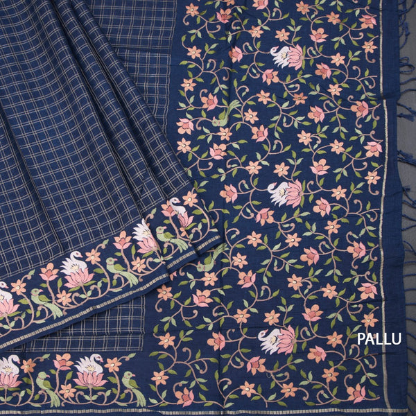 Raw Silk Navy Blue Zari Checked Saree And Thread Border