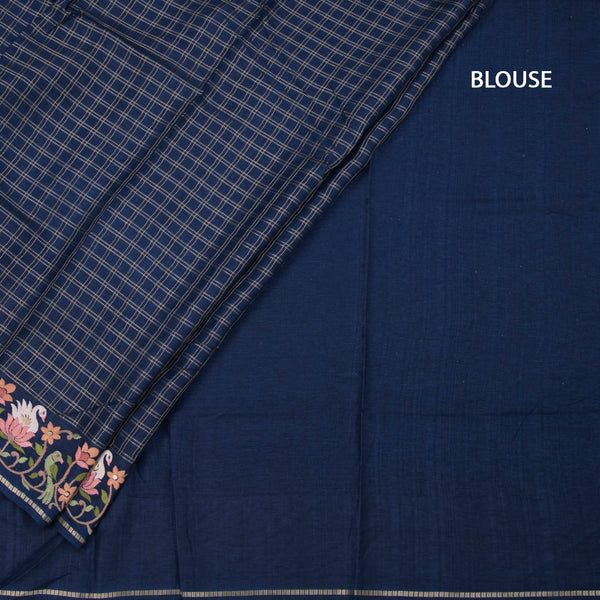 Raw Silk Navy Blue Zari Checked Saree And Thread Border