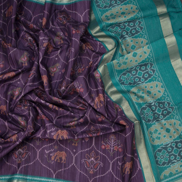 Semi Raw Silk Dark Purple Printed Saree 02