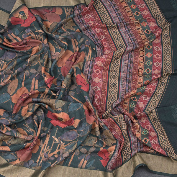 Tussar Dark Green Floral Printed Saree 02
