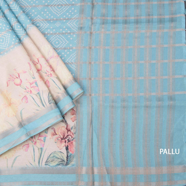 Raw Silk Sky Blue Printed With Zari Stripes Saree