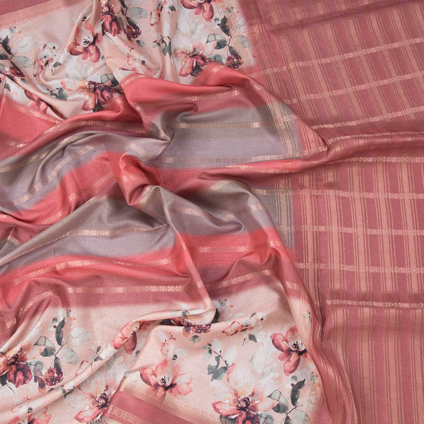 Raw Silk Multi Colour Printed With Zari Stripes Saree 02