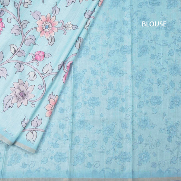 Semi Raw Silk Sky Blue Printed Saree With Floral Creeper Design