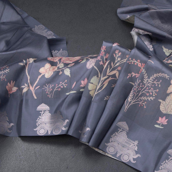 Satin Silk Grey Floral Printed Saree