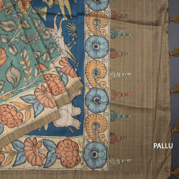 Tussar Sage Green Kalamkari Printed Saree