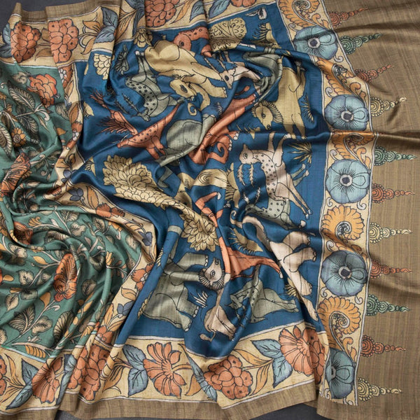 Tussar Sage Green Kalamkari Printed Saree