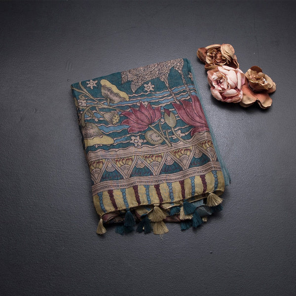 Semi Linen Teal Blue Printed Saree