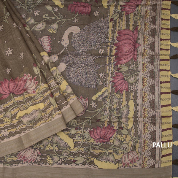 Semi Linen Olive Green Printed Saree 03