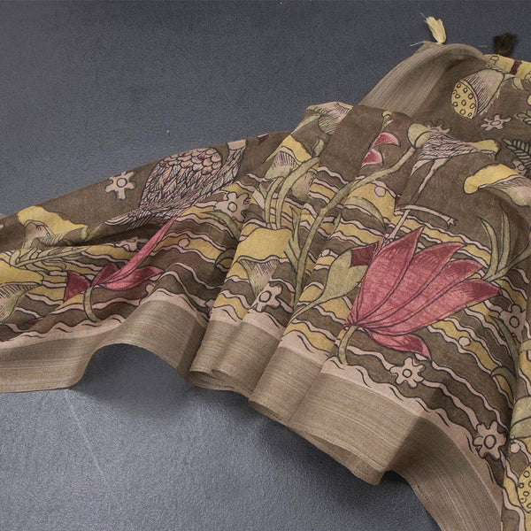 Semi Linen Olive Green Printed Saree 03