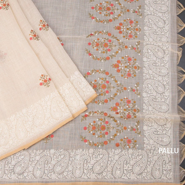 Linen Cream Floral Thread Work Saree 04